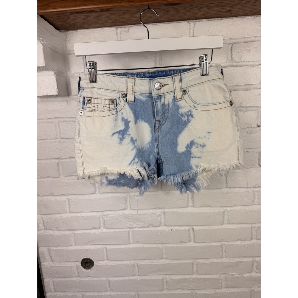 True Religion Womens 26 Bleached Denim Cutoff Shorts Frayed Hem Y2K Horseshoe